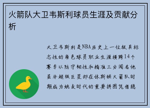 火箭队大卫韦斯利球员生涯及贡献分析